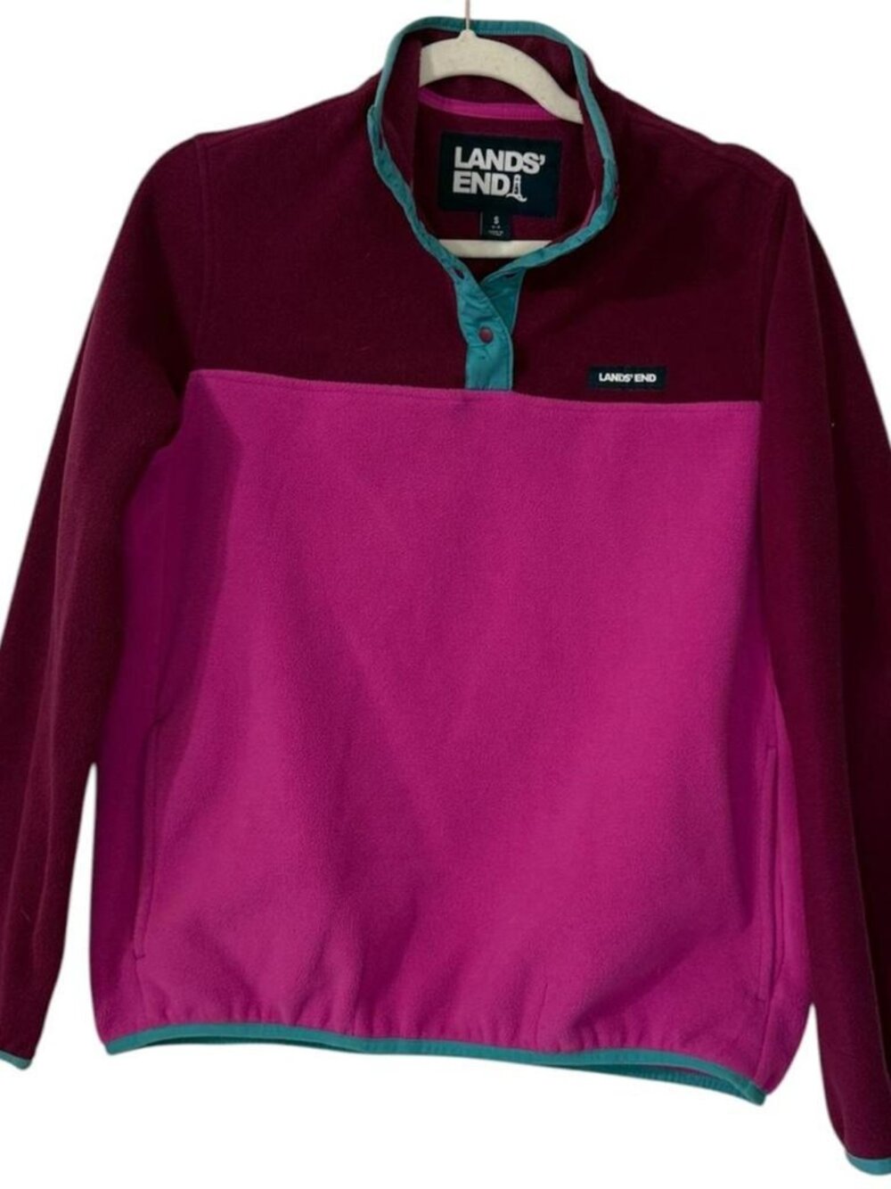 Lands End Pink And Maroon Heritage Fleece Snap Neck Pullover - Picture 1 of 5